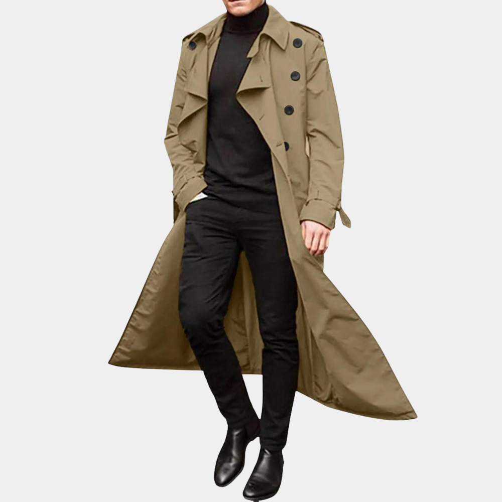 Nate | Men's Long Trench Coat with Water Repellent Fabric and Adjustable Cuffs
