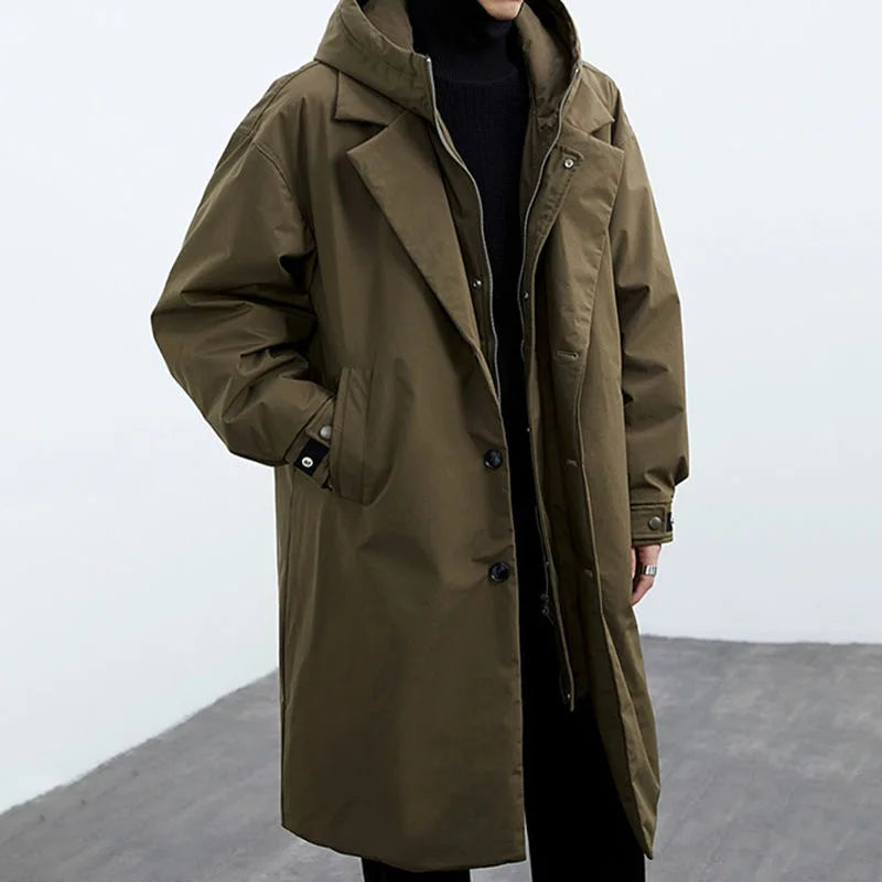 Colin | Men's Long Trench Coat with Hood and Full Zip Front