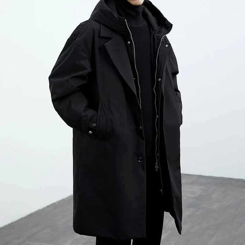 Colin | Men's Long Trench Coat with Hood and Full Zip Front