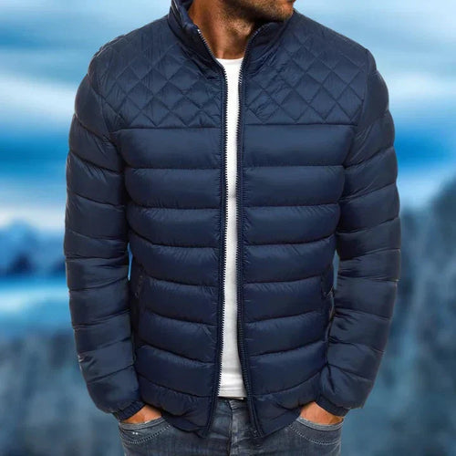 Men's quilted winter puffer jacket with storm flap in Dark Blue