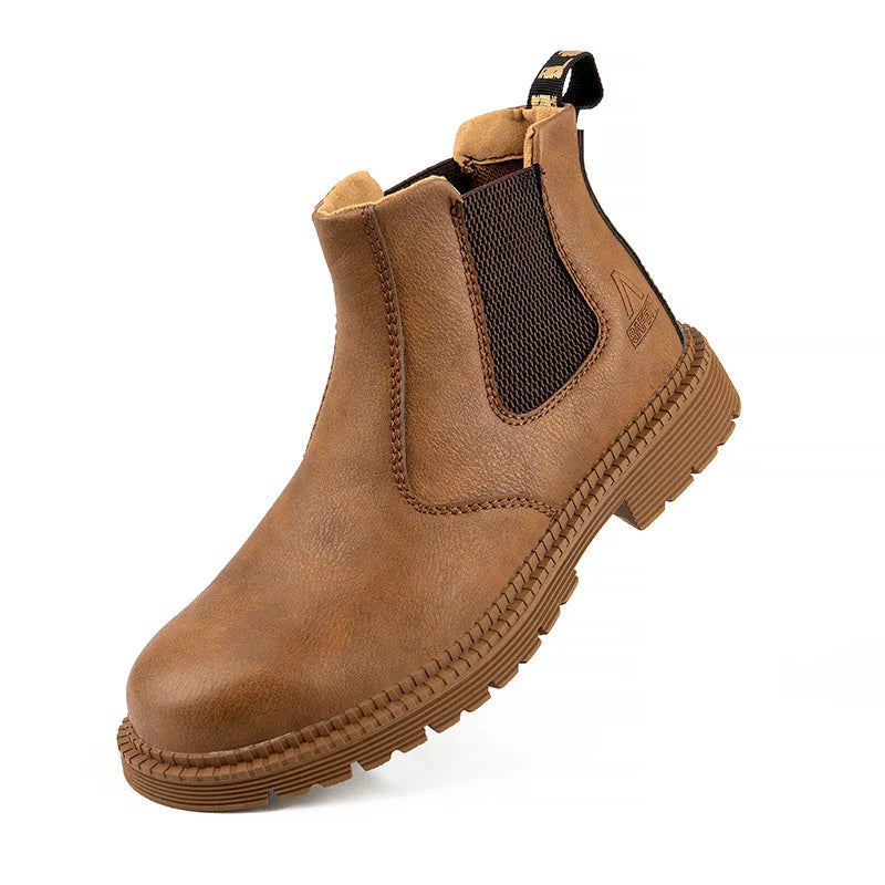 Men's steel toe Chelsea boots with cushioned footbed in Camel